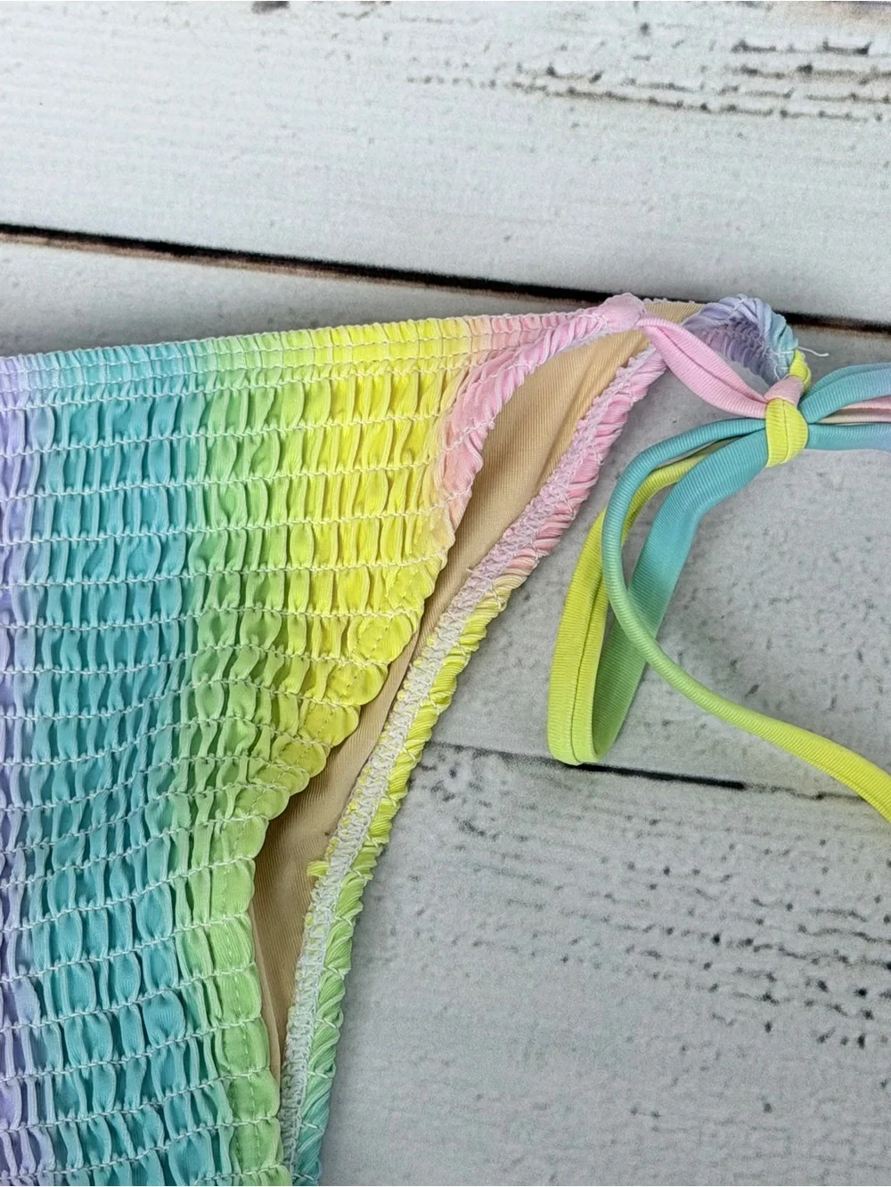 Pink Lily Coral Top with Pastel Rainbow Tie-Side Bikini Bottoms - BOTTOMS ONLY